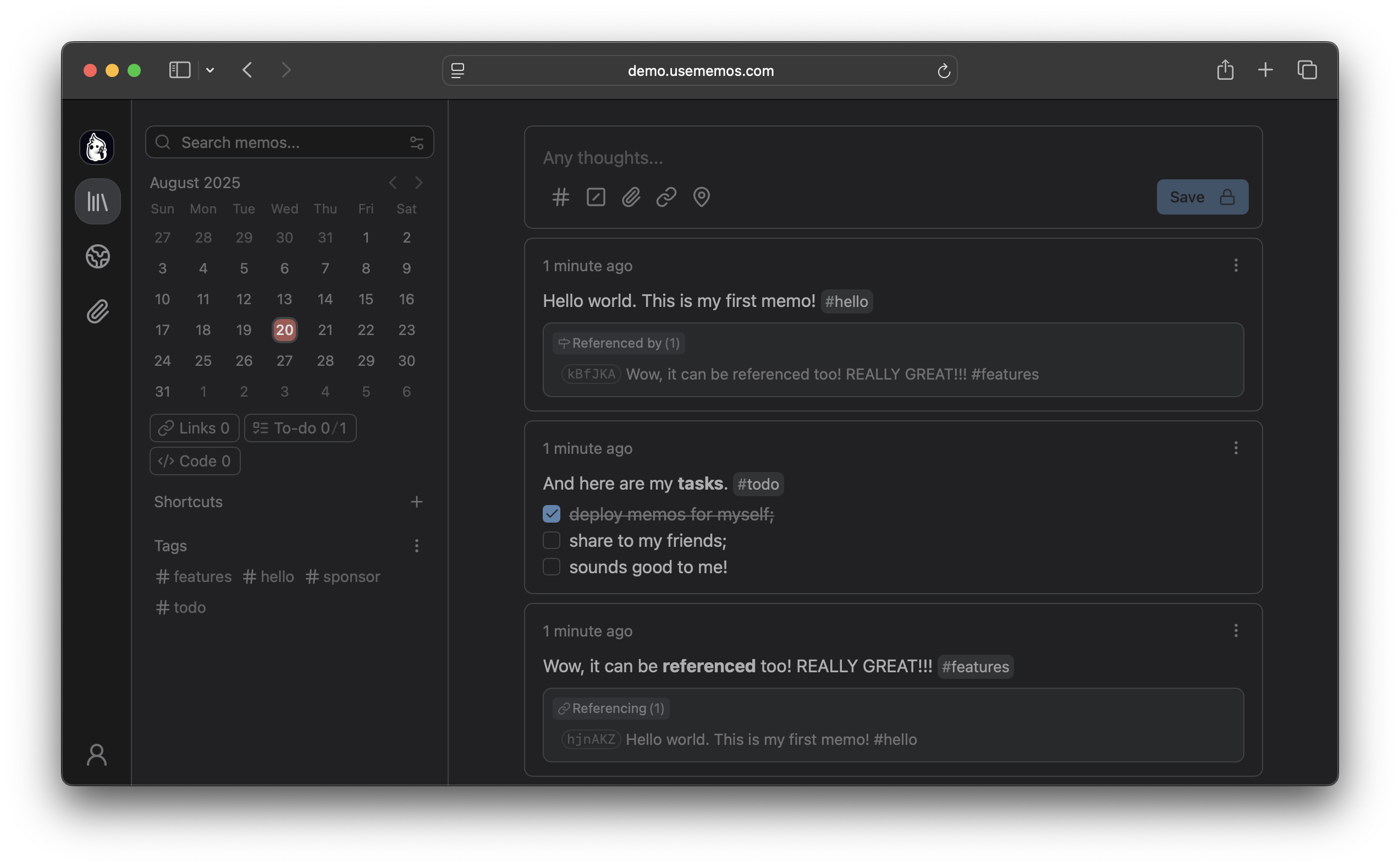 Memos Dashboard Screenshot (Dark Mode)